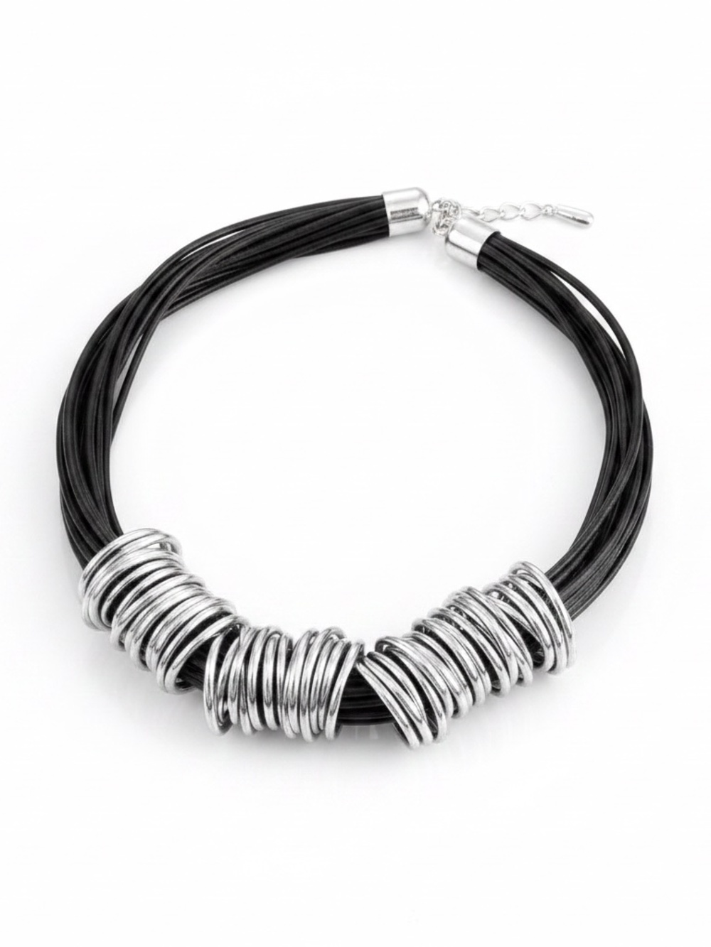 Womens Bold Multi-Strand Black Cord Necklace with Silver Pendant Rings